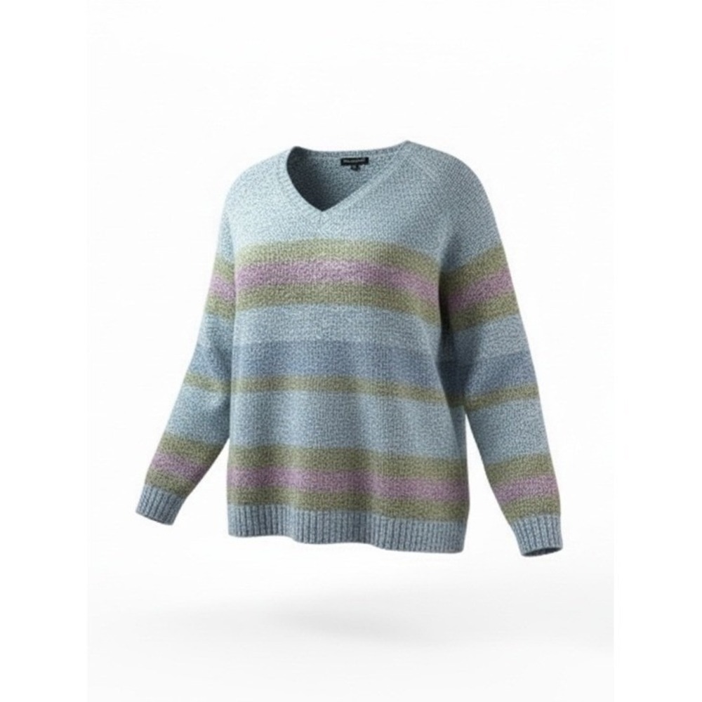 Carolyn Taylor Sweater‎ 3X Blue Striped Excellent V-Neck Marled Knit Pullover